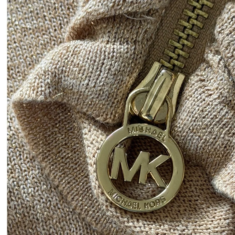 Michael Kors Sweater Womens L Cowl Neck Gold Metallic Side Ruched Zip EUC